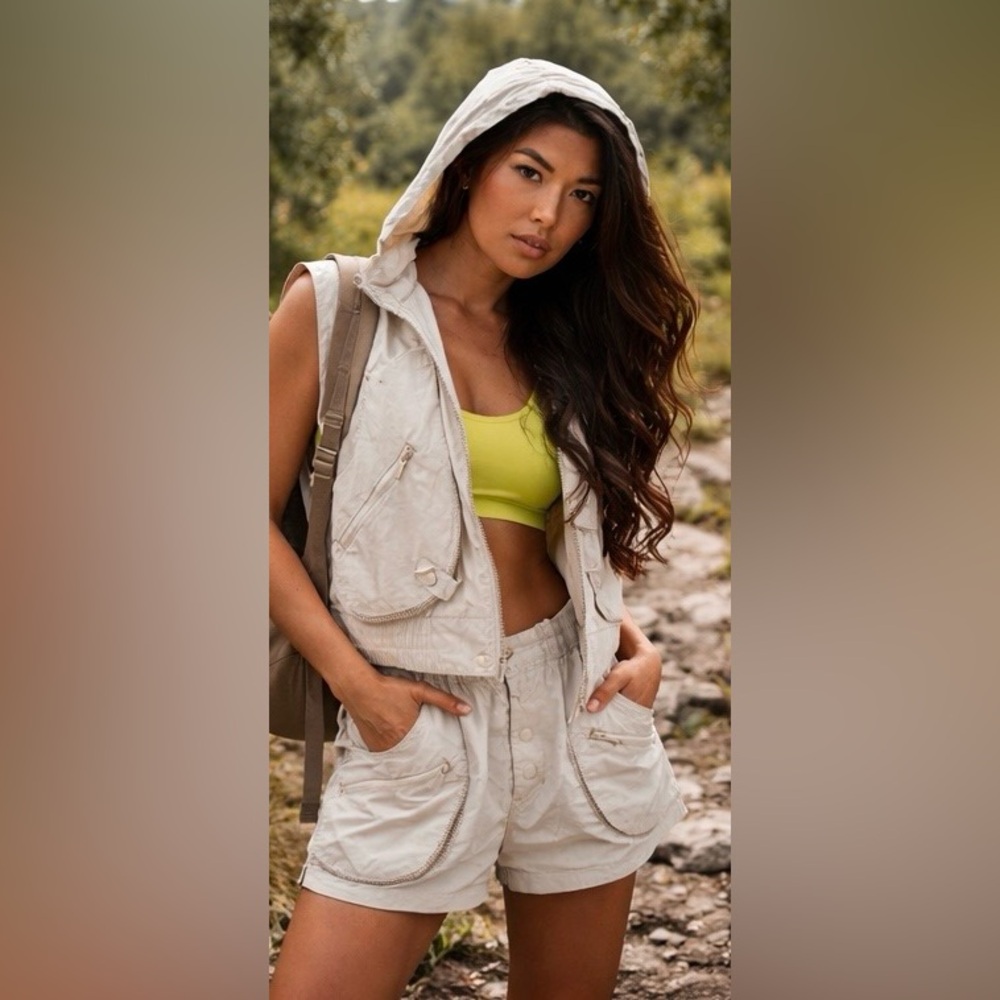 Savvi Beige Hooded Vest and Shorts Set Small
